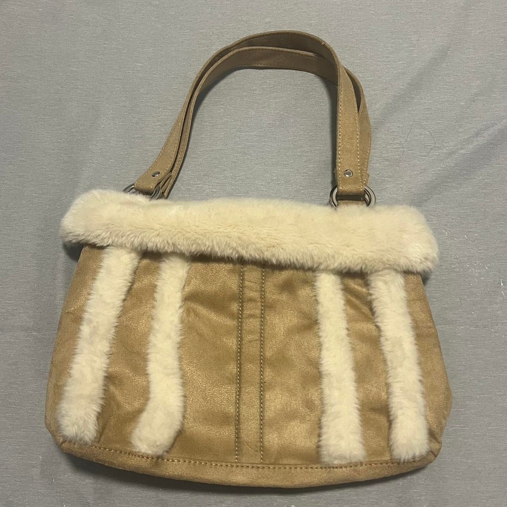 Bath & Body Works Tan Faux Suede Tote Bag Cream Shearling Trim Winter Shoulder